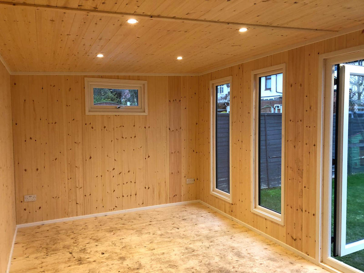 T&amp;G lined Garden Room with electrical sockets and downlighting