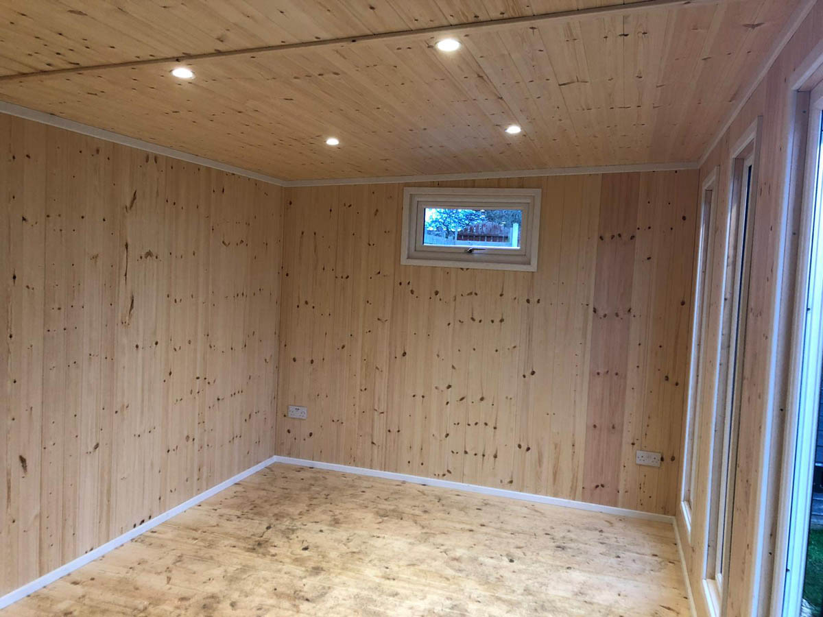 T&amp;G lined Garden Room with electrical sockets and downlighting